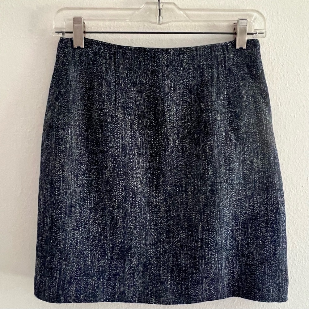 Theory Navy Multi Herring Melange Mini Pencil Skirt Blue and White Tweed Size 2